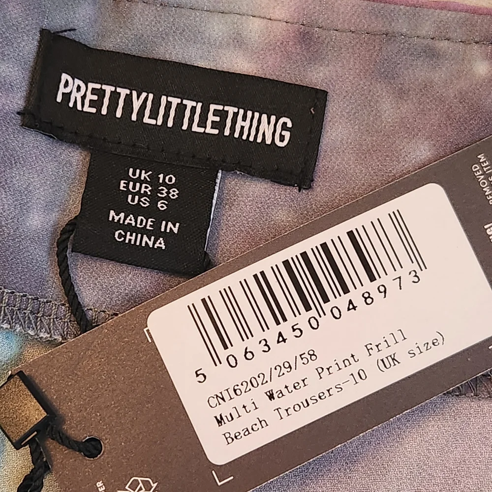 PrettyLittleThing PLT beach pants 6 green purple ruffles sheer wide leg swim new